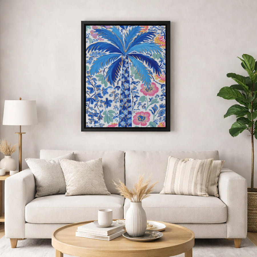 Blue Palm Tree Canvas Art | Coastal Floral Botanical Print | Premium Gallery-Wrapped Wall Decor | Tropical Living Room Gift
