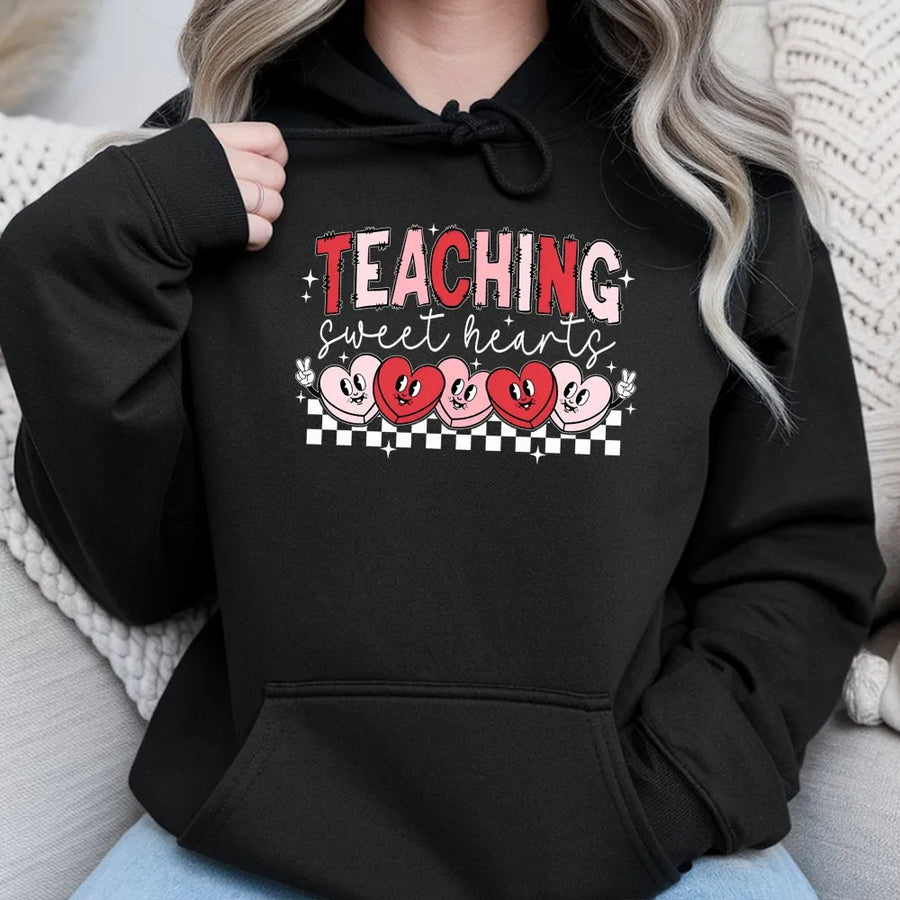 Teaching Sweethearts Hoodie | Retro Valentine Teacher Graphic | Premium Cotton Blend | Teacher Appreciation Gift for Her