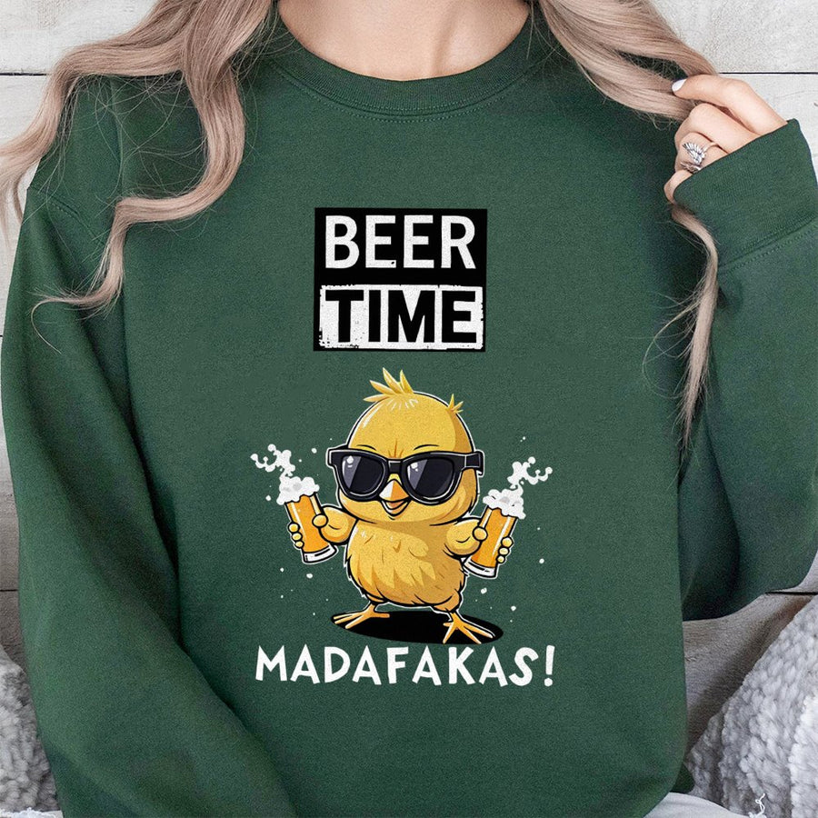 Beer Time Chicken Sweatshirt | Funny Drinking Graphic Pullover | Soft Cotton Blend Unisex Crewneck | Hilarious Gift for Beer Lovers