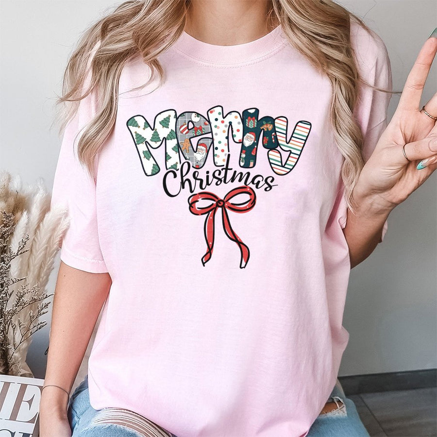 Merry Christmas T-Shirt | Festive Patterned Lettering with Red Bow | Premium 100% Cotton Tee | Cute Holiday Gift for Women and Family