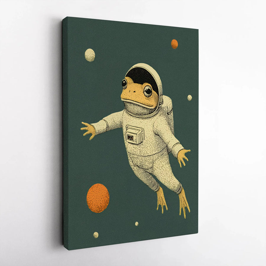 Frog Astronaut Canvas Wall Art | Vintage Illustration Style Space Print | Premium Thick Gallery Canvas | Whimsical Kids Room Decor Gift