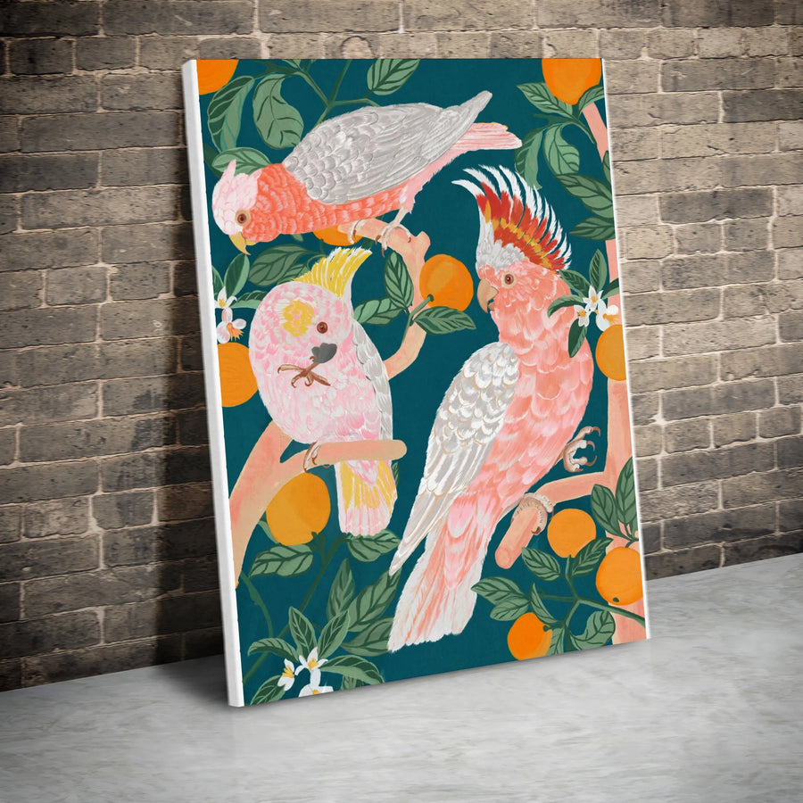 Tropical Parrot Vertical Canvas | Vintage Pink Cockatoo and Orange Tree Illustration | Premium Gallery Wrapped Print | Gift for Bird Lover
