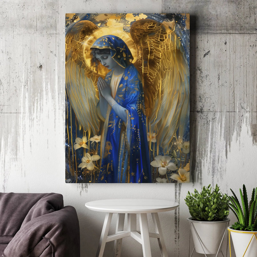 Praying Angel Canvas Wall Art | Blessed Virgin Mary Gold Halo Print | Premium 1.25" Gallery Wrap | Religious Home Decor Gift for Faithful