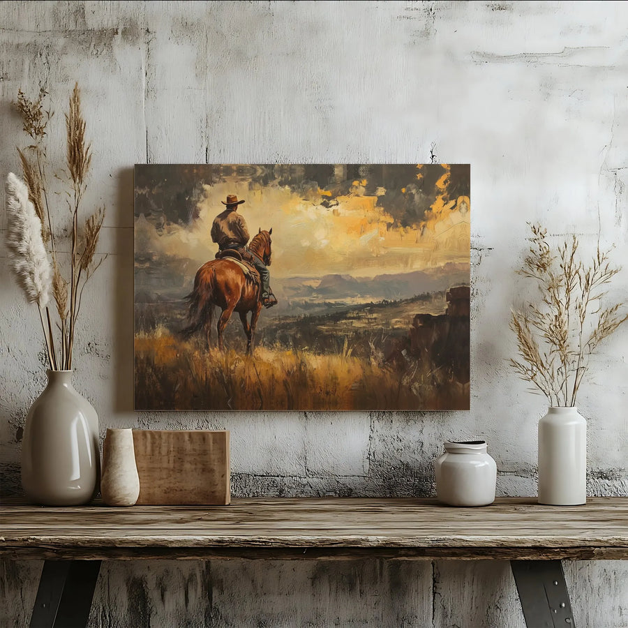 Lone Cowboy Canvas Wall Art | Western Horse Landscape Painting | Premium Gallery Wrap 1.25 Inch | Rustic Home Decor Gift for Him