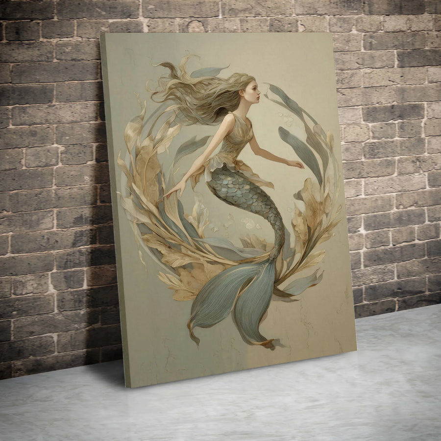 Elegant Mermaid Canvas Wall Art | Vintage Fantasy Illustration | Premium Gallery Wrapped Canvas | Coastal Bathroom & Bedroom Decor Gift