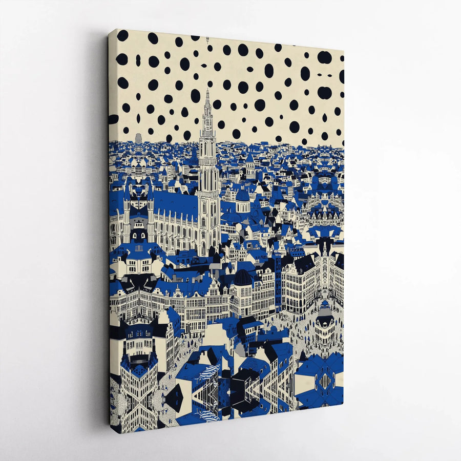 Abstract Cityscape Canvas Print | Blue European City with Polka Dot Sky | Premium Gallery Quality Canvas | Modern Living Room Wall Decor Gift