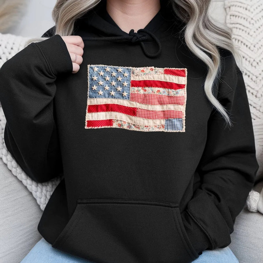 American Flag Hoodie | Vintage Quilt Style Patchwork Print | Soft Unisex Crewneck | Patriotic Fourth of July Gift