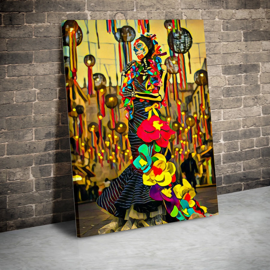Dia De Los Muertos Wall Art | La Catrina Sugar Skull Floral Painting | Premium Gallery Wrap Canvas | Mexican Folk Art Decor Gift