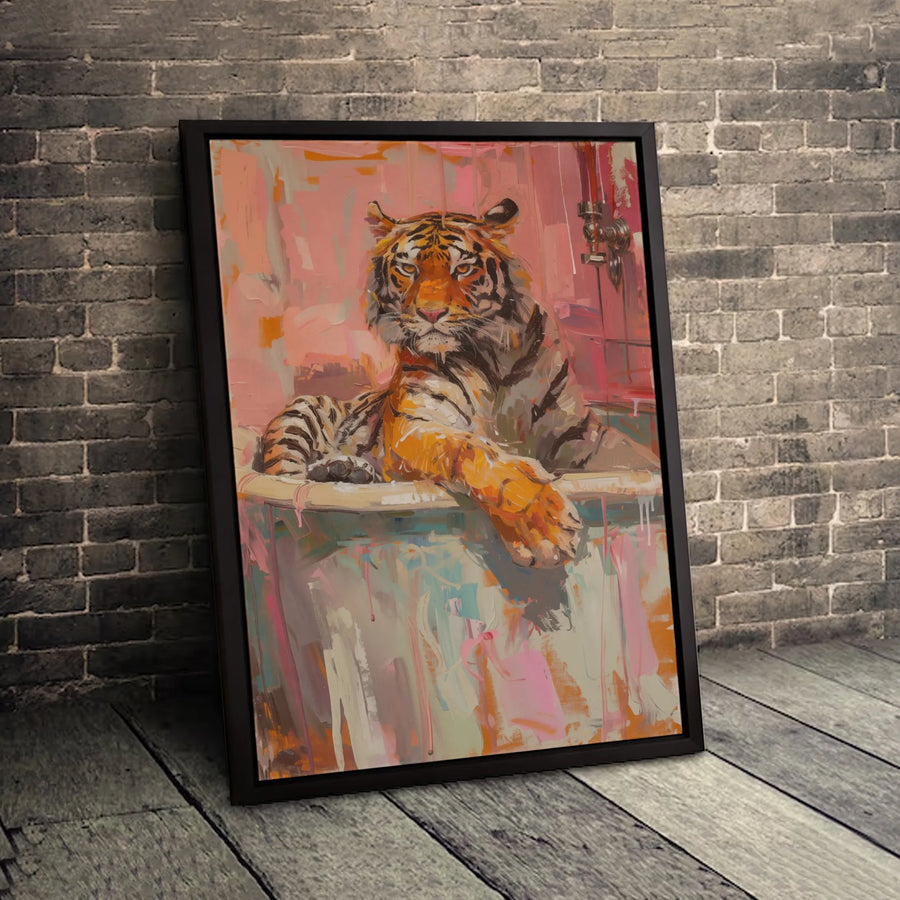 Tiger In Bathtub Wall Art | Whimsical Animal Oil Painting Style | 1.25 Inch Gallery Wrapped Canvas | Unique Home Decor Gift