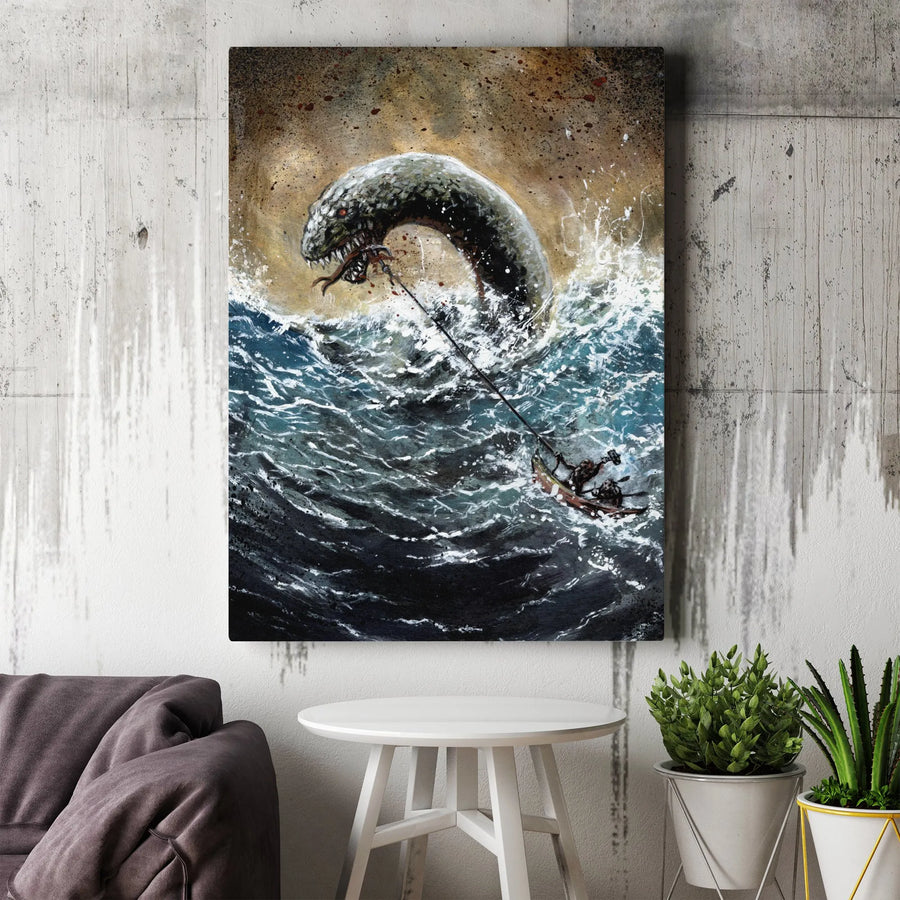 Sea Serpent Wall Art | Epic Kraken Monster Battle on Stormy Ocean | Premium Gallery-Wrapped Canvas Print | Fantasy Decor Gift for Mythical Creature Fans