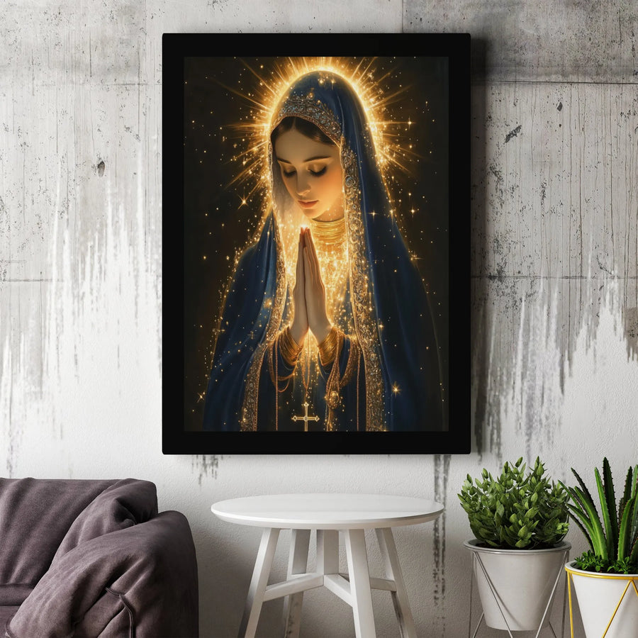 Virgin Mary Canvas Print | Praying Mother Mary With Radiant Golden Halo | Premium 1.25 inch Gallery Wrap | Religious Home Wall Art Decor
