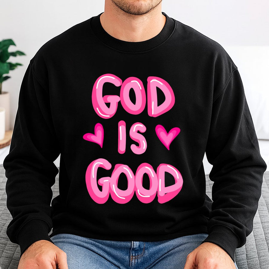 God Is Good Sweatshirt | Pink Bubble Letter Christian Graphic | Premium Cotton Blend Crewneck | Religious Faith Gift For Women And Men