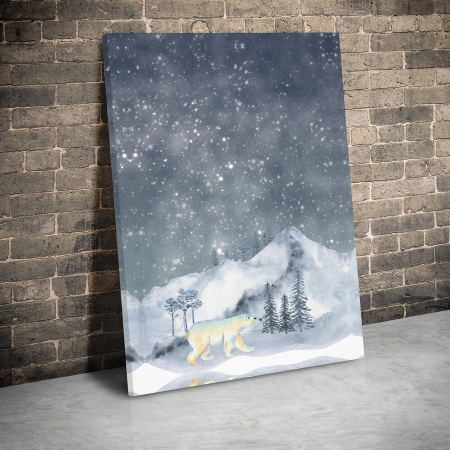 Polar Bear Wall Art | Snowy Mountain Night Watercolor Canvas | Gallery Wrapped Premium Print | Winter Nature Home Decor Gift