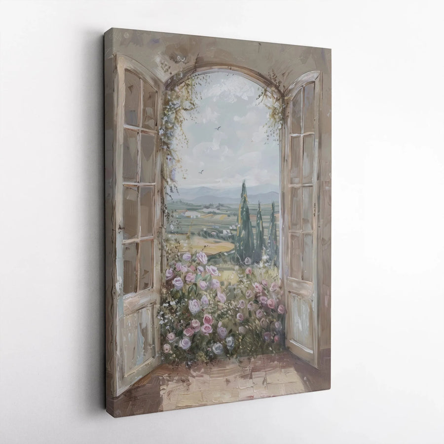 Tuscan Window View Canvas Art | Impressionist Rose Garden Landscape | Premium Gallery-Wrapped Print | Italian Countryside Home Decor Gift