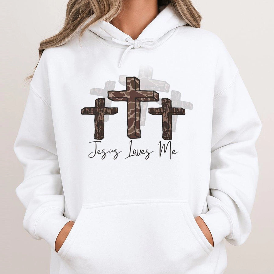Jesus Loves Me Hoodie | Camo Cross Religious Graphic | Cotton-Blend Premium Quality | Faith-Inspired Gift for Adults and Youth