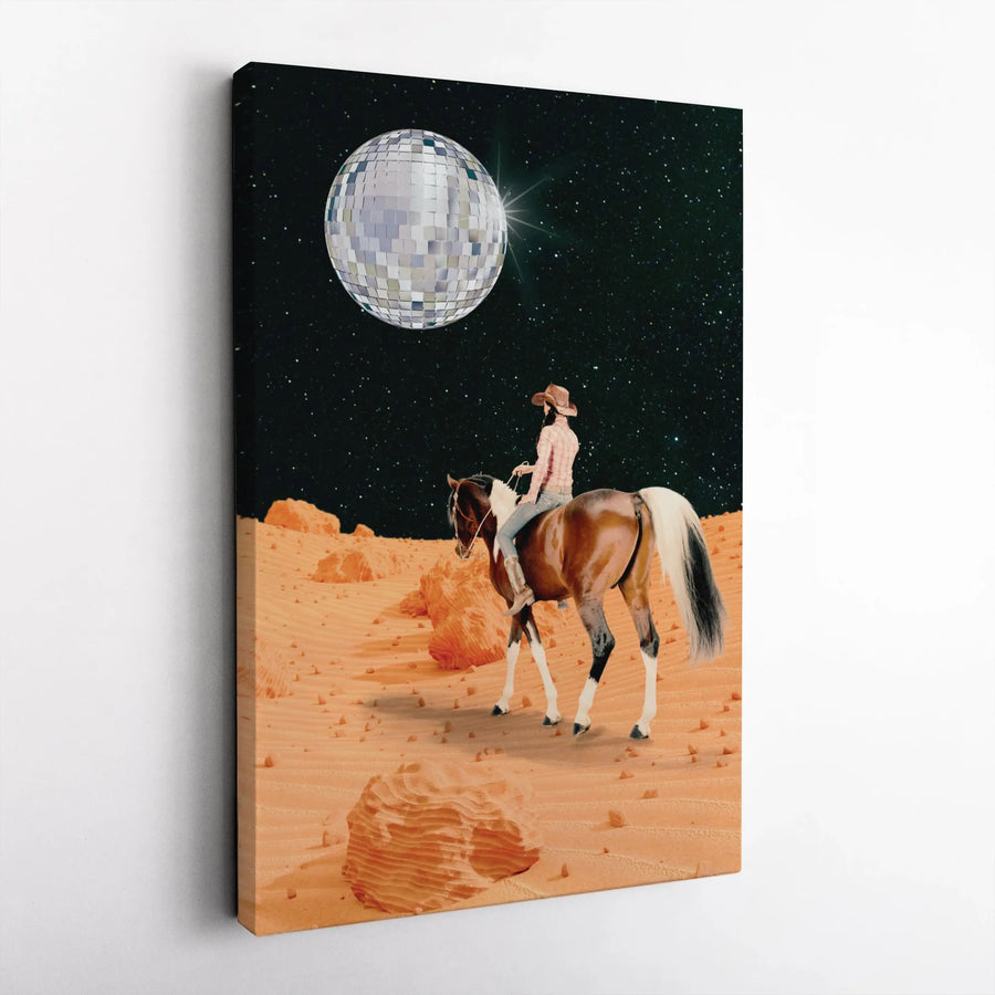 Cosmic Cowgirl Canvas Art | Western Disco Ball Space Surrealism | Premium Gallery Wrap Print | Unique Boho Wall Decor Gift
