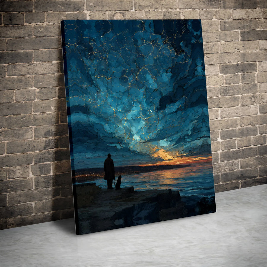 Man and Dog Seascape Canvas Art | Abstract Gold Vein Night Sky Print | Premium 1.25" Gallery Wrap | Moody Wall Decor for Living Room Office