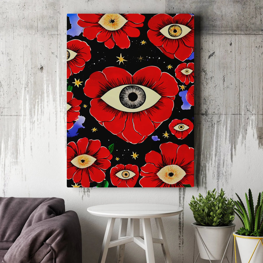 Surreal Eye Flower Vertical Canvas | Psychedelic Red Poppy Art Print | Premium Thick Gallery Wall Art | Gothic Home Decor Gift