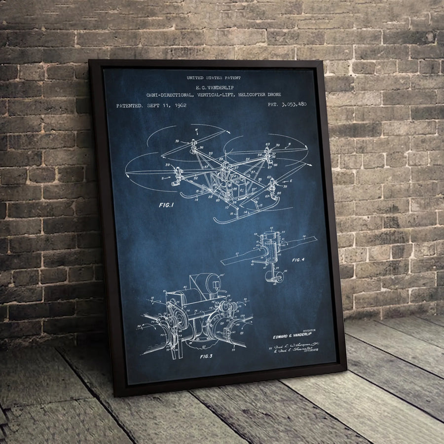 Helicopter Drone Patent Wall Art | 1962 Blueprint Technical Drawing | Premium Gallery Canvas | Aviation Gift for Pilots & Engineering Students