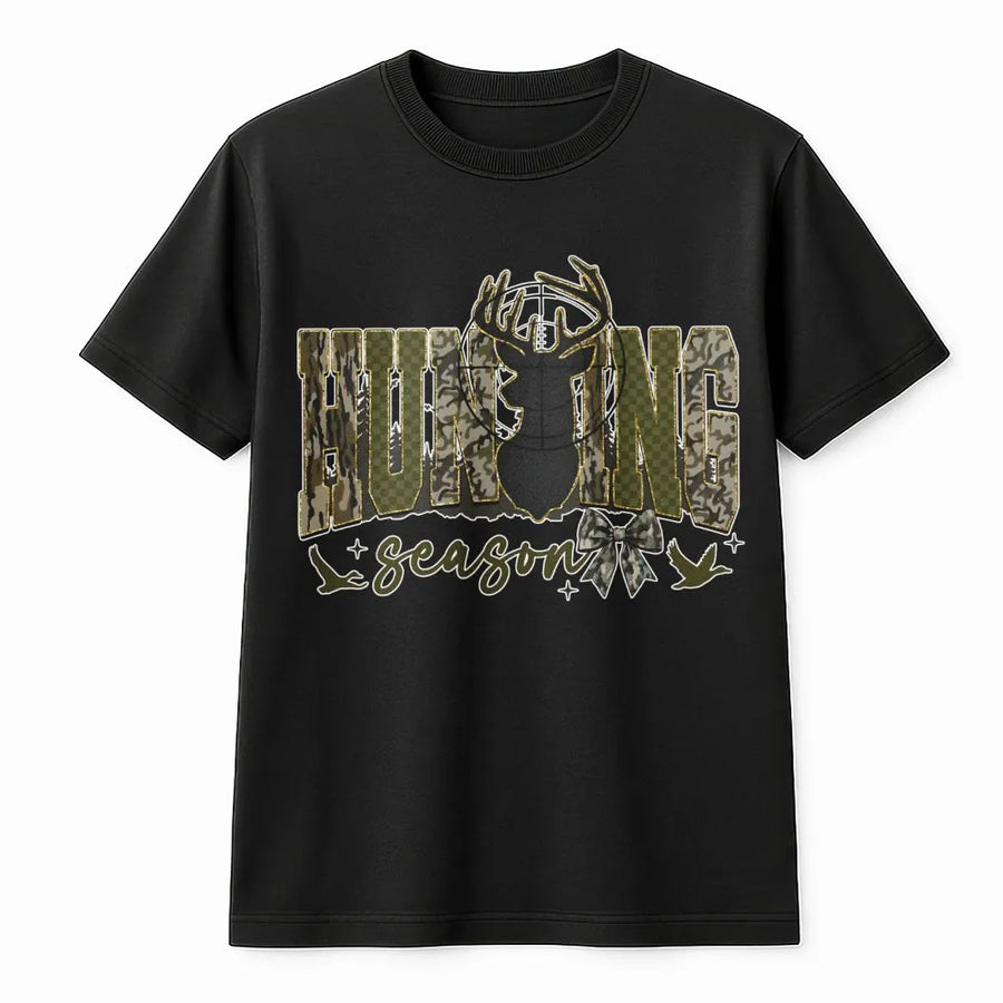 Hunting Season T-Shirt | Camo Deer Antler Graphic Design | 100% Cotton Premium Tee | Outdoors Gift for Hunters and Wildlife Enthusiasts