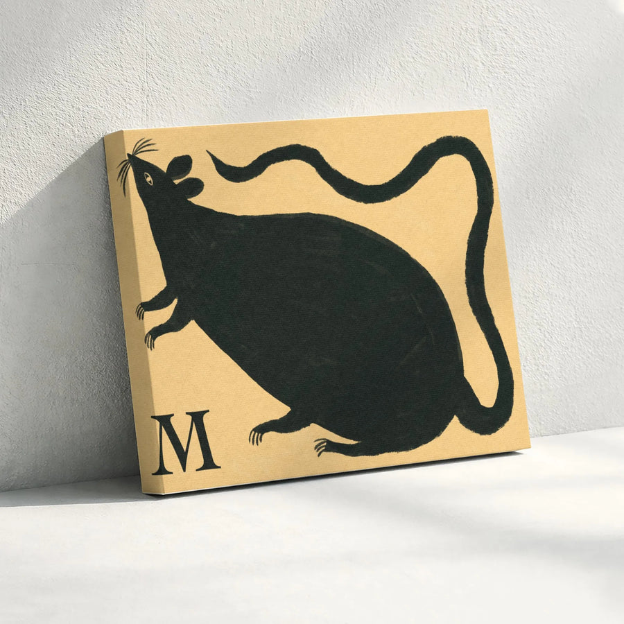 Letter M Mouse Wall Art | Black Folk Art Animal Canvas | Premium Gallery Wrapped Decor | Whimsical Nursery Or Office Gift