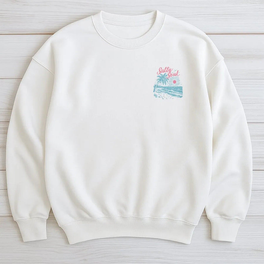 Salty Soul Sweatshirt | Retro Beach Scene Graphic Sweatshirt | Premium Cotton Blend | Gift for Ocean Lover, Unisex Vacation Apparel