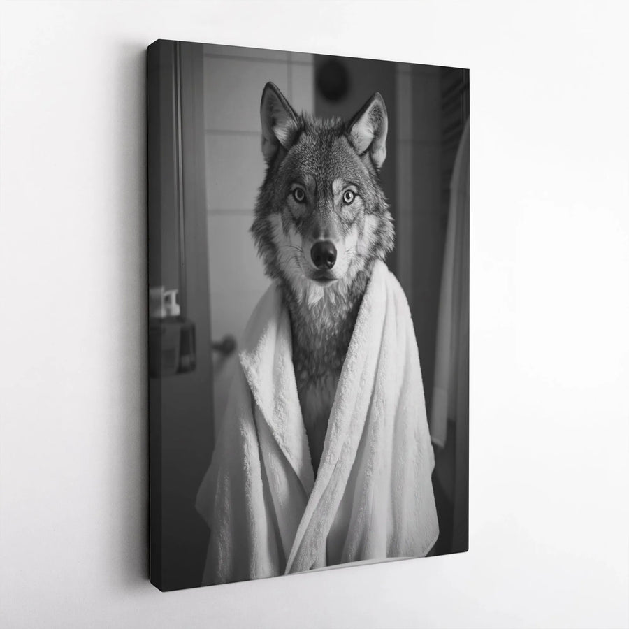 Wolf in Bathrobe Vertical Canvas | Funny Bathroom Wall Art | Premium Thick Gallery Canvas | Unique Modern Home Decor Gift for Animal Lovers
