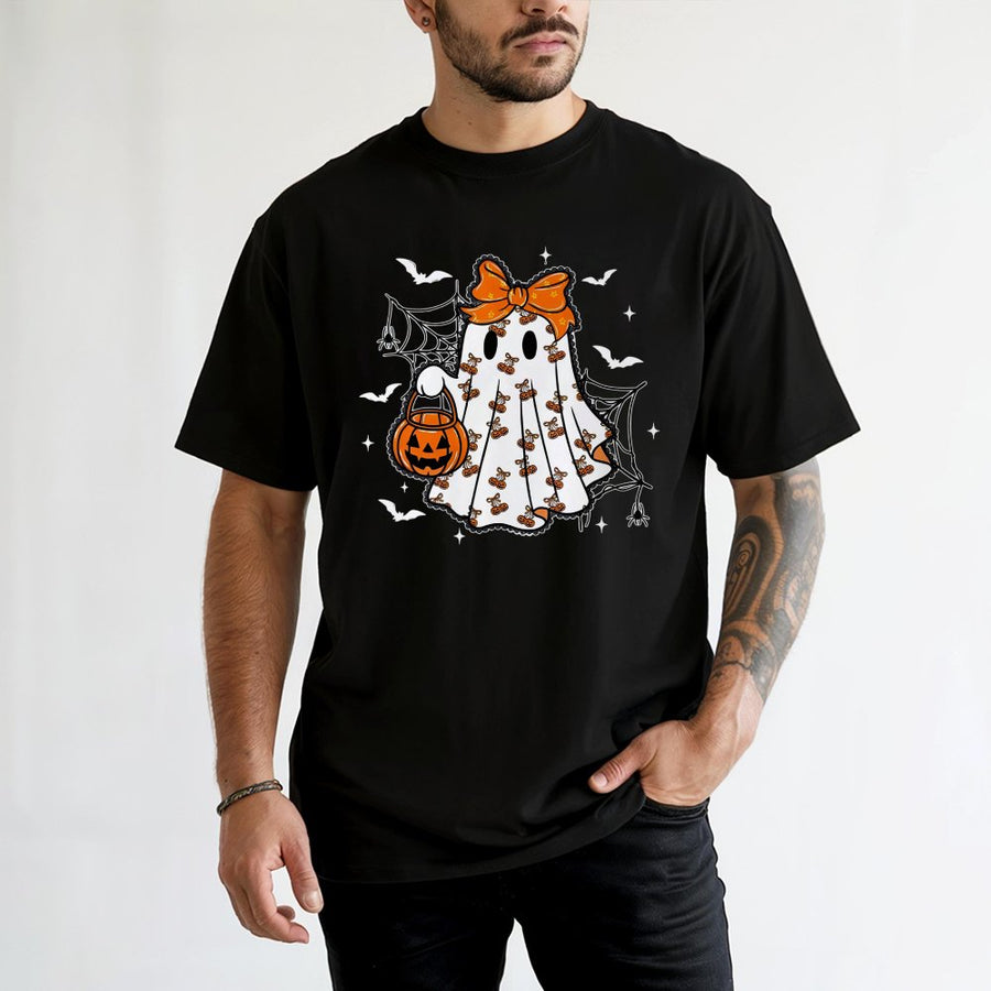 Cute Ghost T-Shirt | Halloween Spooky Bow & Pumpkin Design | Premium 100% Cotton | Fall Aesthetic Gift for Women and Teens