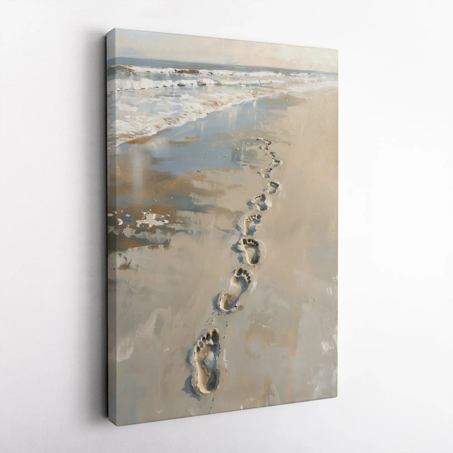 Beach Footprints Canvas Art | Textured Painterly Seascape | Premium Gallery Wrapped Canvas | Coastal Home Decor Gift