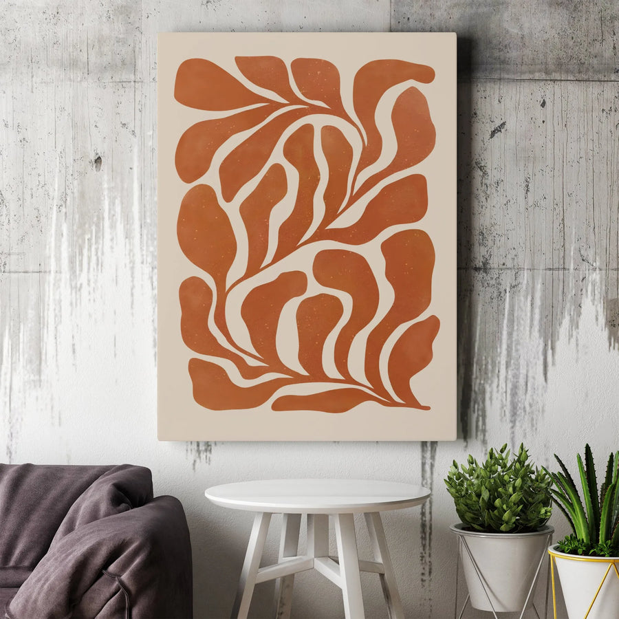 Abstract Botanical Canvas Wall Art | Terracotta Mid-Century Modern Leaf Print | Premium Gallery-Wrapped Decor | Minimalist Living Room Gift