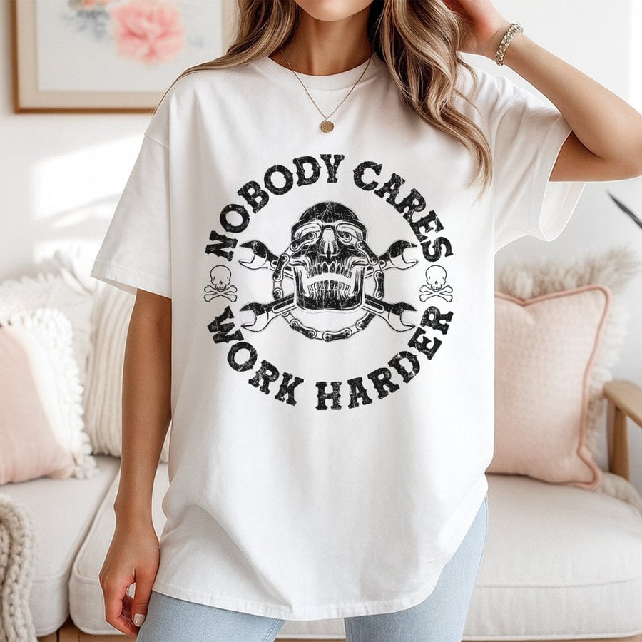 Nobody Cares Work Harder T-Shirt | Industrial Skull Wrench Design | 100% Cotton Premium Tee | Motivational Gym Streetwear Gift for Him or Her
