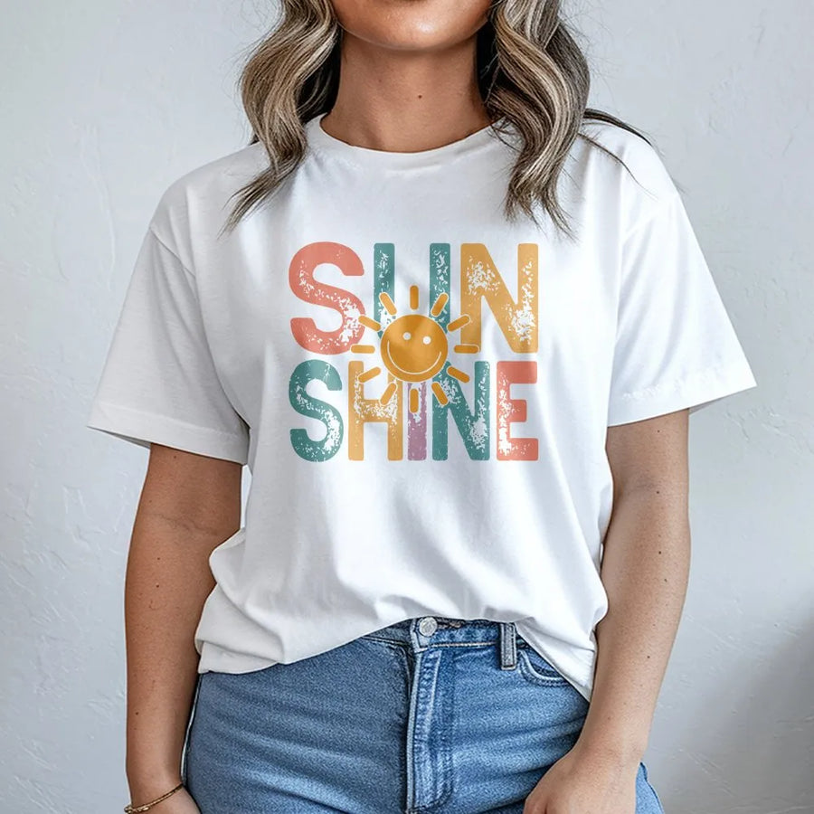 Retro Sunshine T-Shirt | Vintage Positive Vibes Graphic Tee | Soft Breathable 100% Cotton | Cute Aesthetic Summer Vacation Gift
