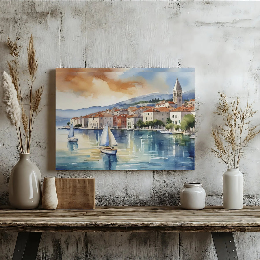 Mediterranean Coastal Town Canvas Print | Watercolor Sailboat Harbor Art | Gallery-Quality 1.25" Thick Frame | Nautical Wall Decor for Home