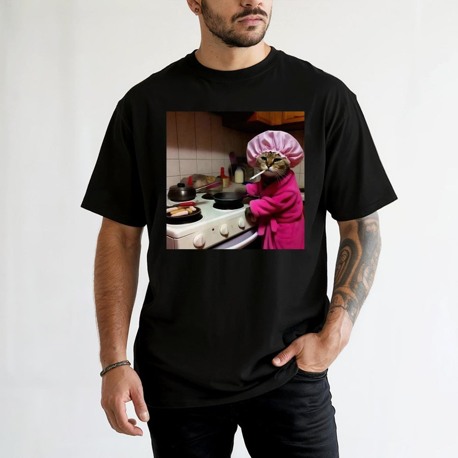 Funny Cooking Cat T-Shirt | Sassy Kitten in Pink Robe Graphic | 100% Cotton Premium Tee | Quirky Gift for Cat Lovers & Meme Fans