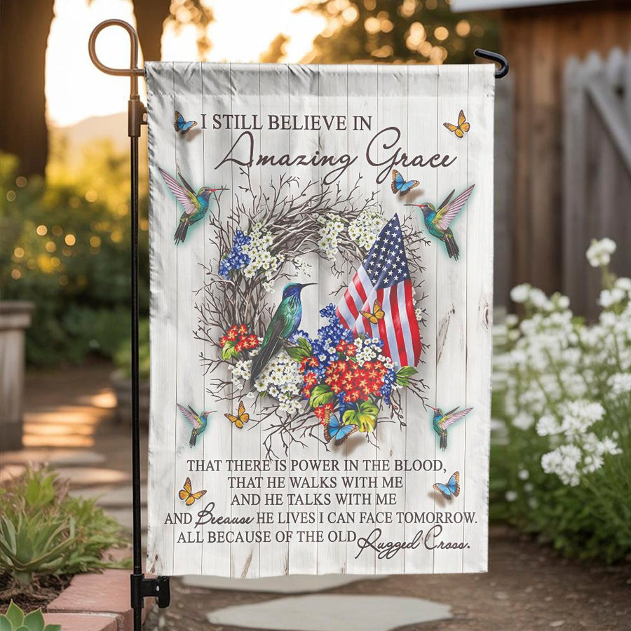 Amazing Grace Garden Flag | Hummingbird and American Flag Floral Wreath | Premium Weather-Resistant Polyester | Religious Christian Outdoor Decor Gift