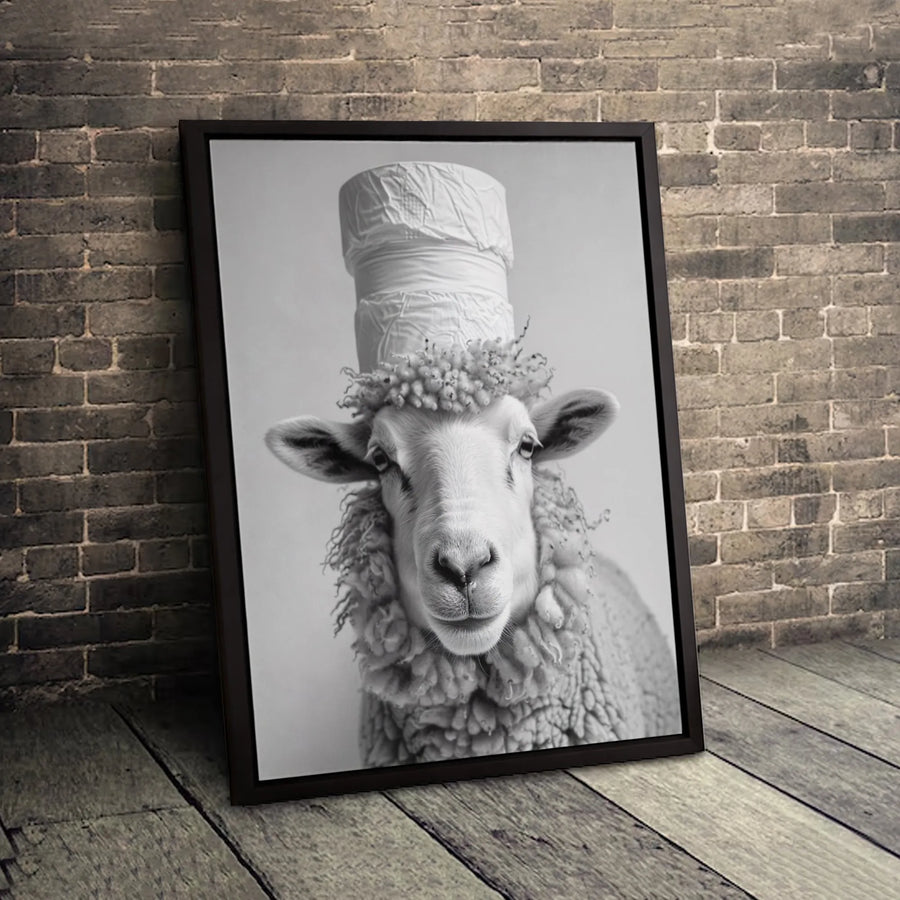Funny Sheep Wall Art | Surreal Toilet Paper Hat Portrait | Gallery Quality Black and White Canvas | Whimsical Farmhouse Decor Gift