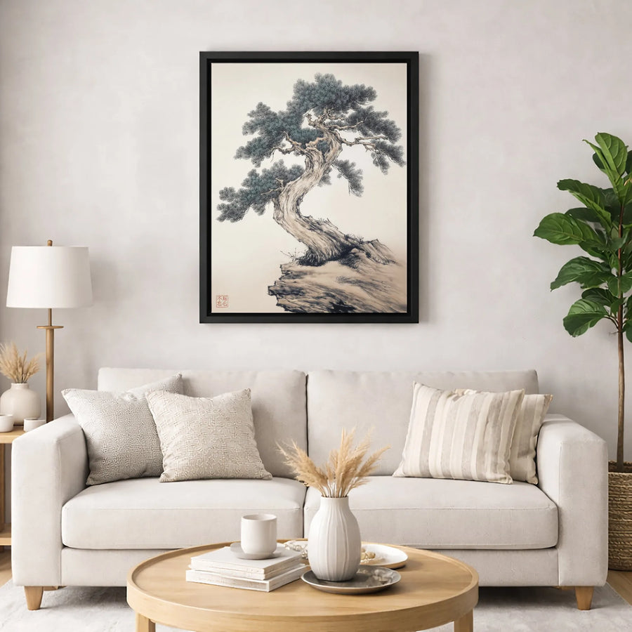 Traditional Ink Wash Pine Tree Canvas Wall Art | Zen Asian Landscape Painting | Premium Gallery Wrap Print | Serene Home Office Decor Gift