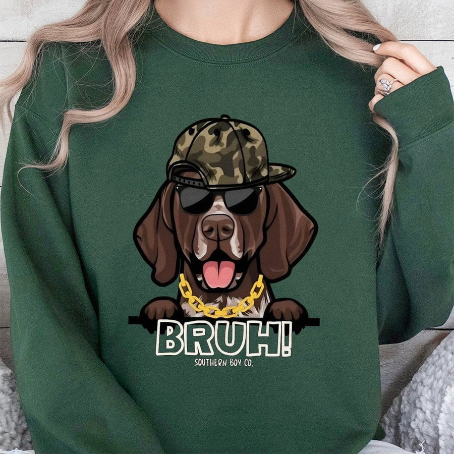 GSP Dog Sweatshirt | Bruh Camo Hat Graphic Print | Cotton Polyester Blend | Unisex Country Hunting Gift for German Shorthaired Pointer Lovers