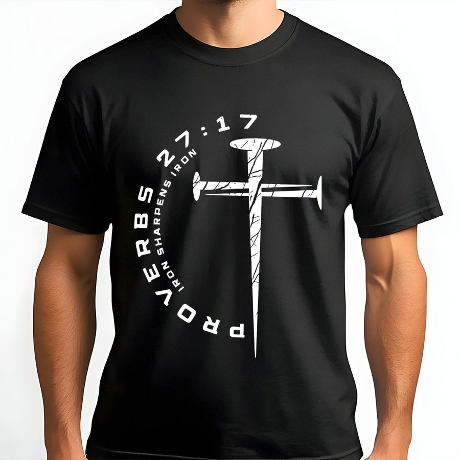 Proverbs 27:17 T-Shirt | Iron Sharpens Iron Nail Cross Graphic | Premium Cotton Christian Apparel | Faith Based Gift For Men And Women