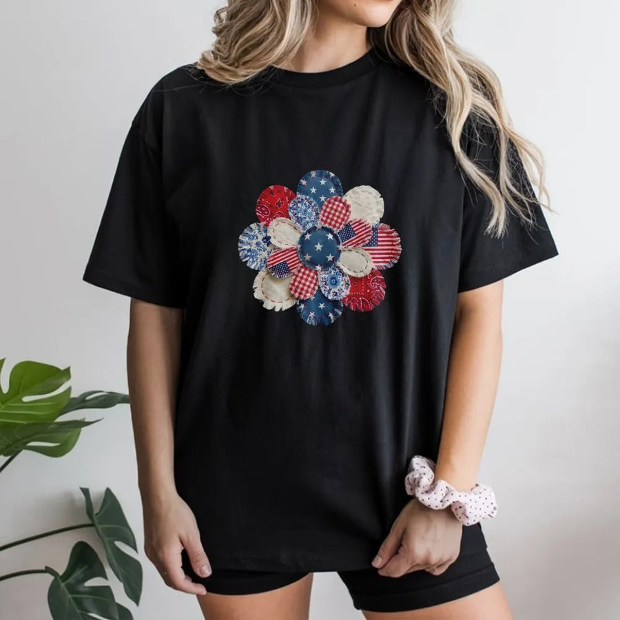 Patriotic Patchwork Flower T-Shirt | Americana Quilt Style Graphic | Premium Comfort Colors Tee | 4th of July Gift for Women