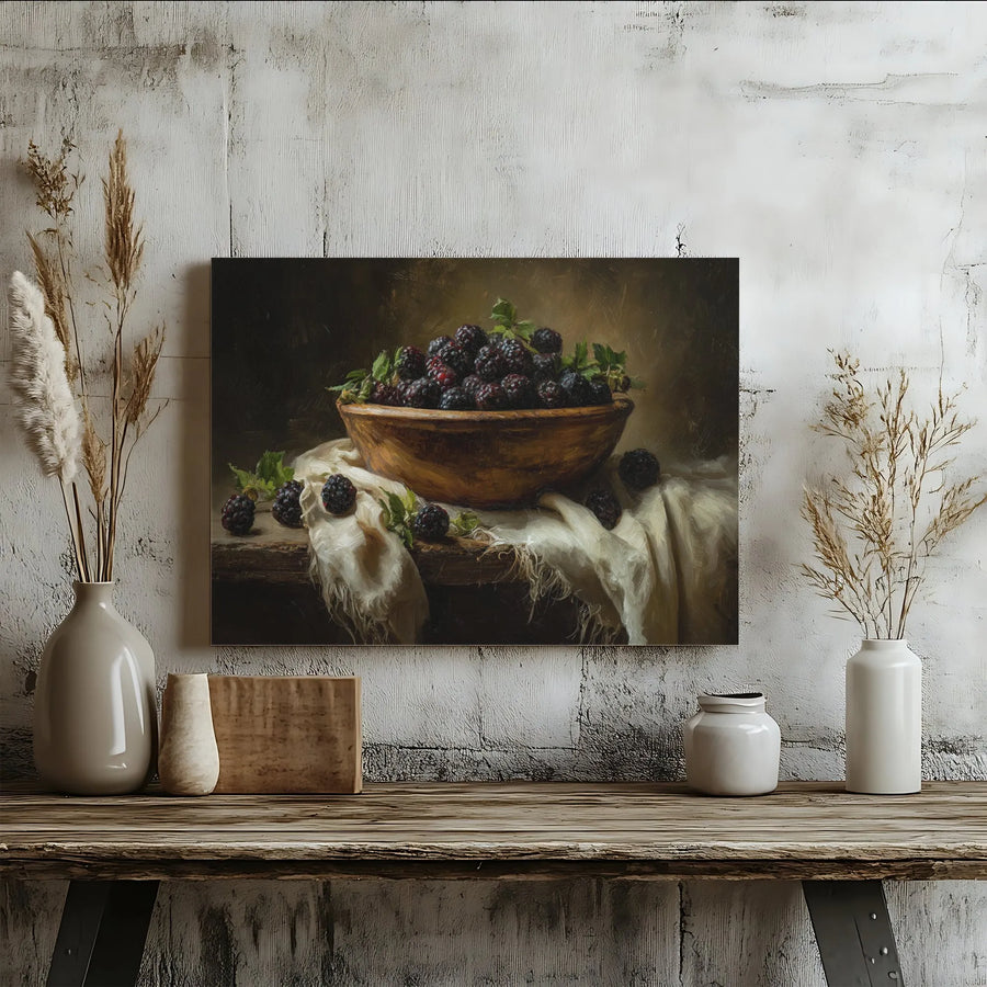 Rustic Blackberry Still Life Canvas Print | Vintage Oil Painting Style | Premium Gallery Wrap | Farmhouse Kitchen Decor Gift