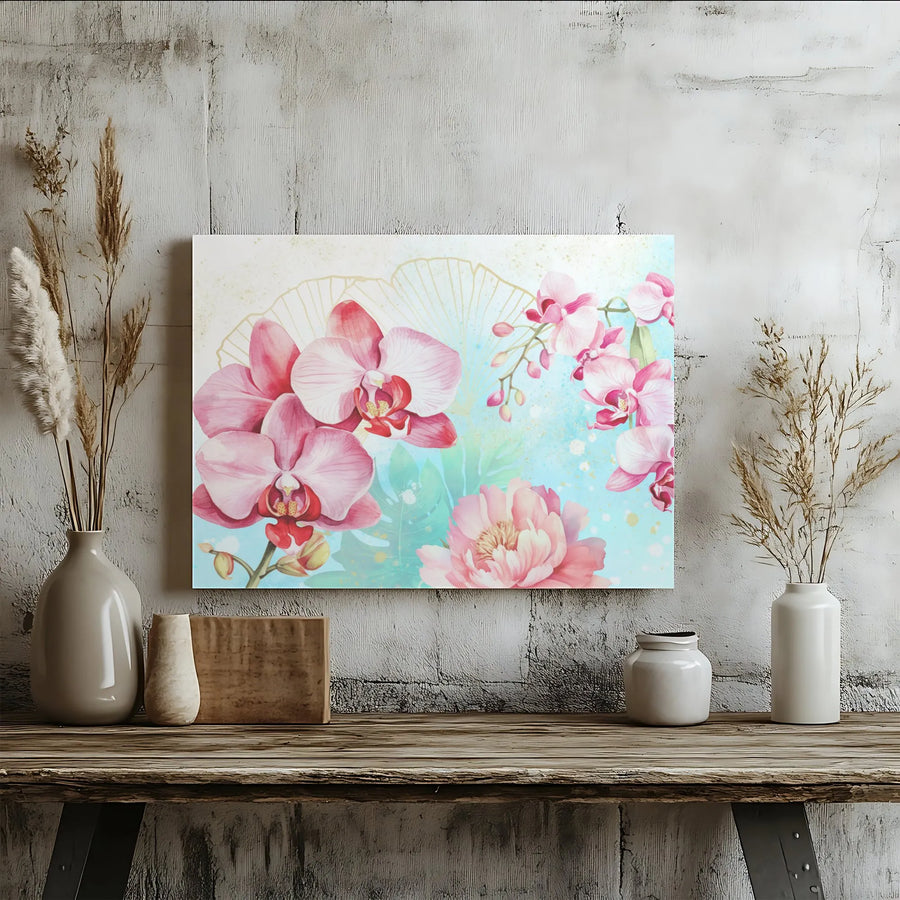 Watercolor Orchid And Peony Wall Art | Botanical Floral Canvas With Gold Accents | Premium Gallery-Wrapped Print | Elegant Home Decor Gift