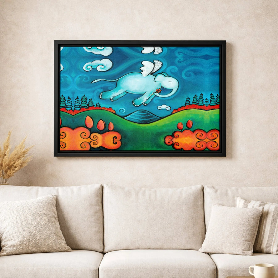 Flying Elephant Wall Art | Whimsical Blue Fantasy Creature Print | 1.25 Inch Premium Gallery Canvas | Nursery Decor & Childrens Room Gift