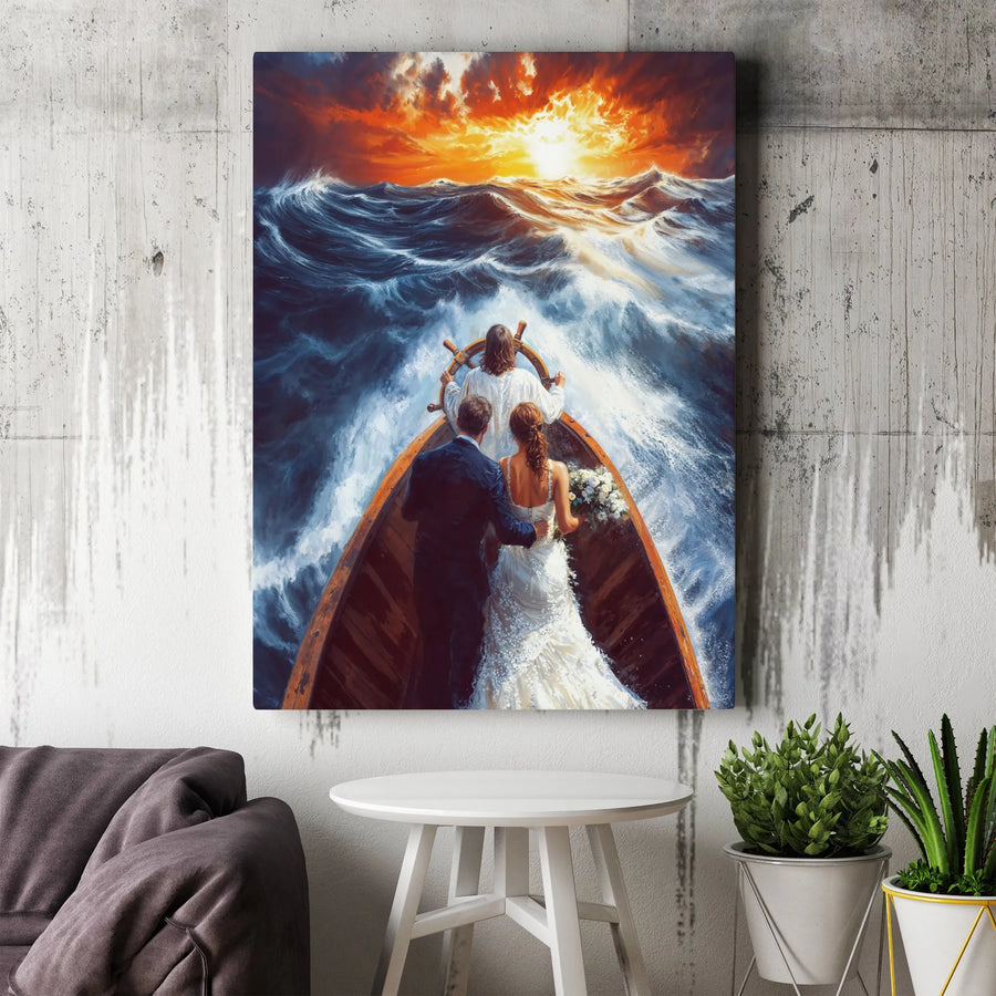 Jesus Guiding Couple Through Stormy Sea Canvas | Religious Wedding Wall Art | 1.25 Inch Gallery Wrap | Christian Gift For Newlyweds
