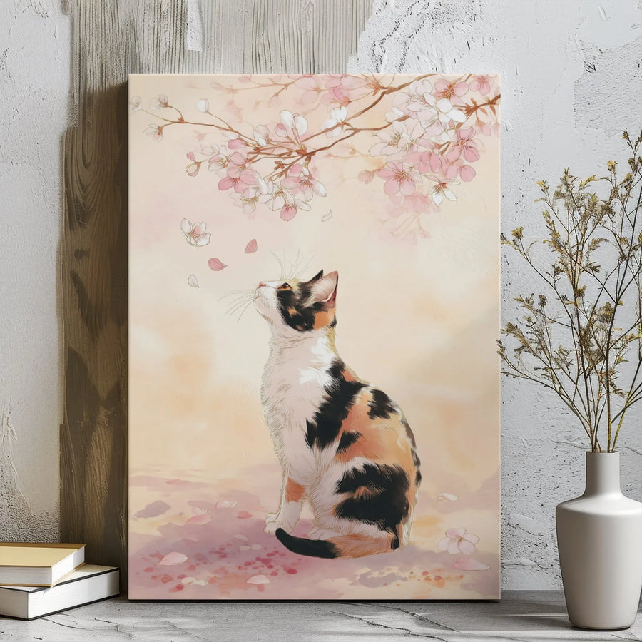 Calico Cat Canvas Wall Art | Watercolor Cherry Blossom Print | Premium Gallery Wrap Decor | Gift for Cat Lovers