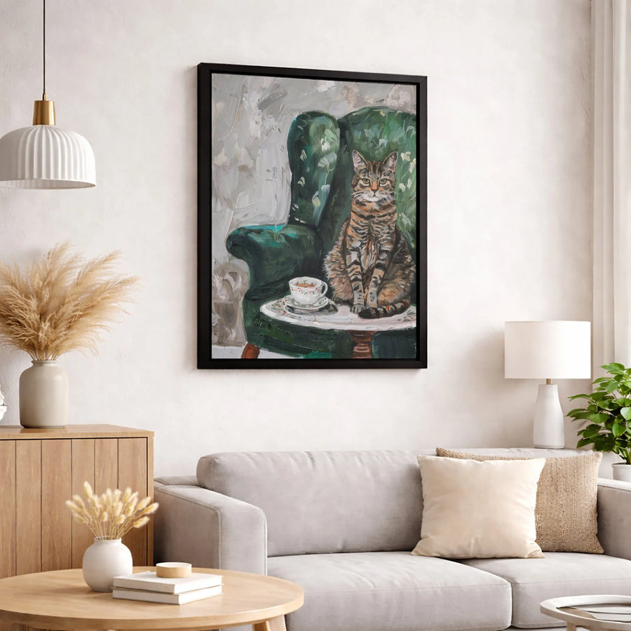 Tabby Cat Wall Art | Impressionist Green Armchair Teacup Painting | Gallery Wrap Premium Canvas | Whimsical Pet Lover Gift for Living Room Decor