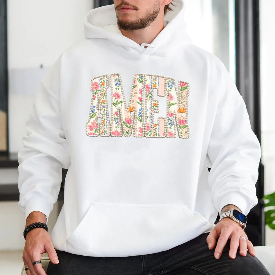 Amen Floral Hoodie | Vintage Christian Apparel with Faux Pearl Detail | Soft Cotton Blend Pullover | Inspirational Faith Gift for Women