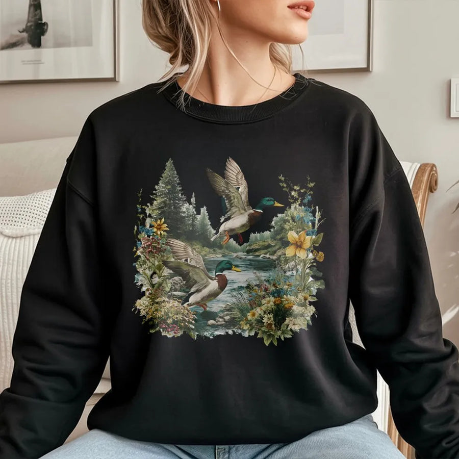 Mallard Duck Sweatshirt | Vintage Wildflower Birding Graphic | Premium Cotton Blend | Nature Lover Gift for Bird Watchers and Wildlife Enthusiasts