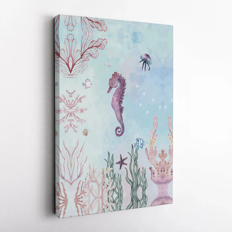 Watercolor Seahorse Canvas Print | Pastel Ocean Life Nursery Art | Premium Gallery Wrapped Canvas | Kids Room & Bathroom Decor Gift