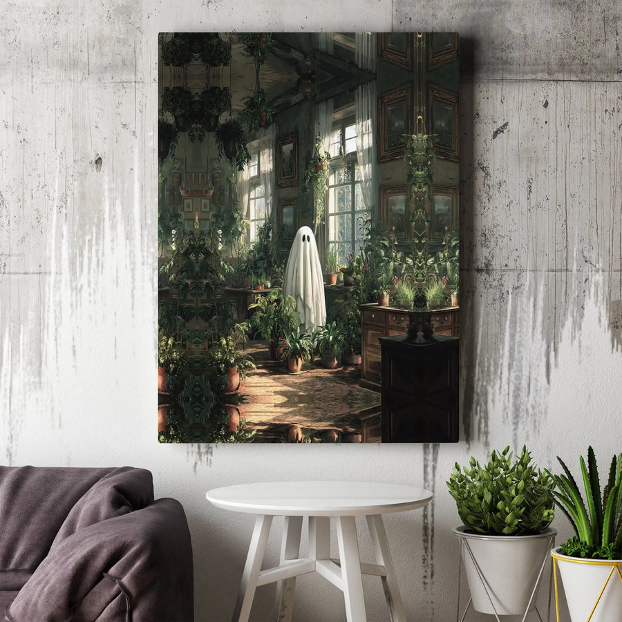 Ghost in Greenhouse Wall Art | Spooky Botanical Sunlit Interior Print | Premium Gallery Wrapped Canvas | Whimsical Cottagecore Decor for Home